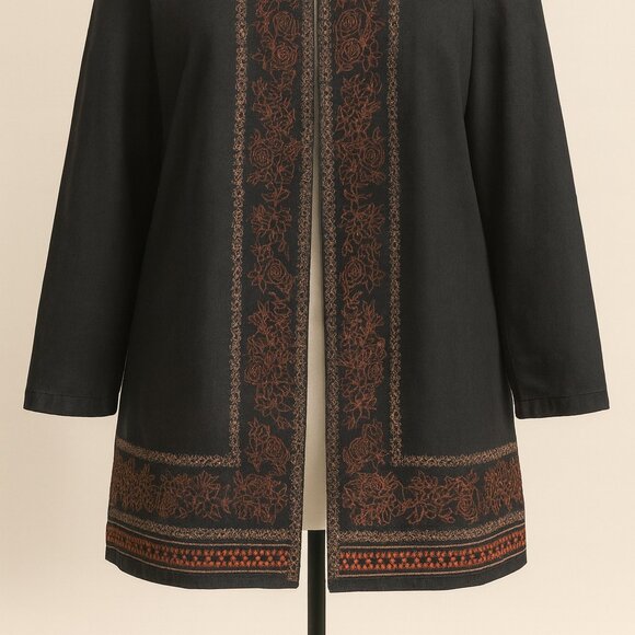 Jessica London Black Embroidered Long Jacket – Floral Rust Trim – Women’s - Picture 2 of 5